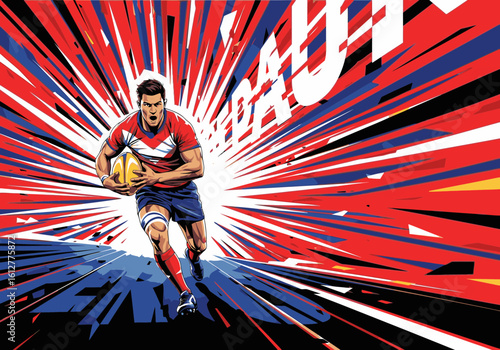 A dynamic illustration of a powerful rugby player running with the ball, set against an explosive red, white, and blue background.