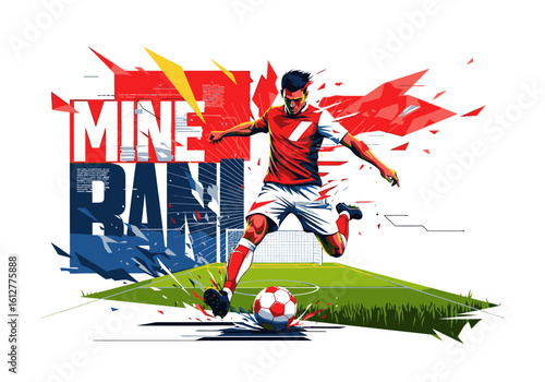 Dynamic illustration of a male soccer player in a red jersey kicking a ball on a stylized, abstract field.