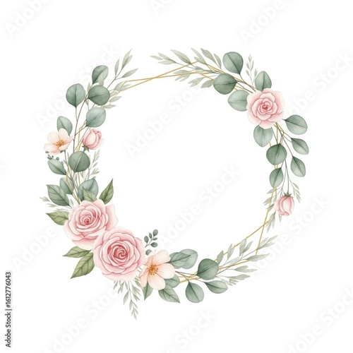 Elegant watercolor floral wreath with soft pink roses and eucalyptus perfect for wedding invitations and branding