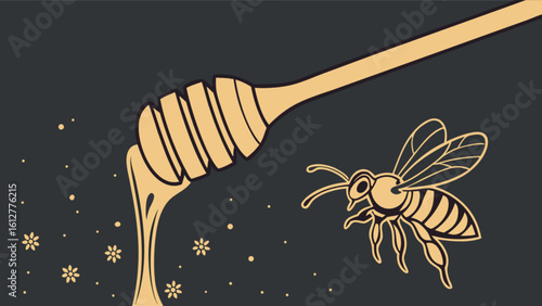 Honey dipper with dripping honey and bee vector illustration for organic food and natural products design