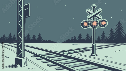 Illustration of railroad crossing signal with train tracks and winter trees landscape scene at night time