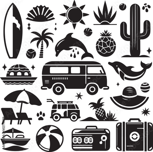 Summer Icon Silhouettes: A diverse collection of minimalist silhouettes, portraying elements of summer, travel, and relaxation. These iconic visuals evoke a sense of wanderlust and enjoyment
