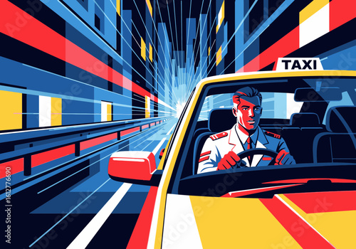 A focused taxi driver navigates a vibrant, stylized cityscape at high speed in a yellow cab.