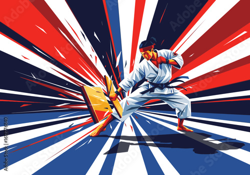 A female martial artist breaks a wooden board with a powerful chop in a dynamic, graphic style.