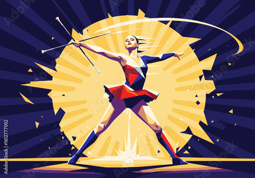 A dynamic illustration of a female athlete twirling a baton in a powerful, stylized pose.