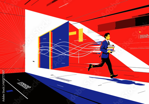 A businessman in a suit runs with files, transitioning from a red abstract space to a bright open doorway.