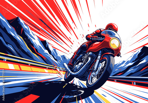A dynamic illustration of a rider on a red motorcycle speeding through a mountain pass.