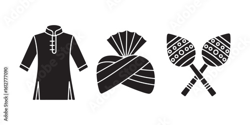 Black and White Festival Icons Kurta Turban and Musical Instruments