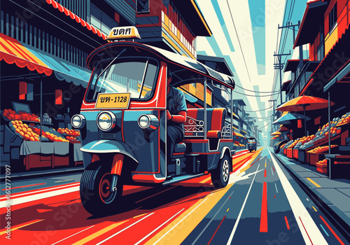 A vibrant, stylized illustration of a tuk-tuk taxi speeding down a bustling Asian market street.