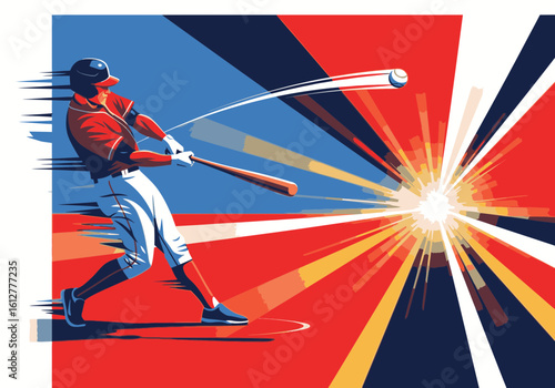 A dynamic illustration of a baseball batter hitting a ball with explosive speed and power.