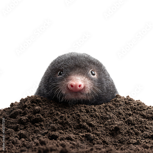 A curious mole emerges from its burrow in the soil, isolated on transparent background on transparent background