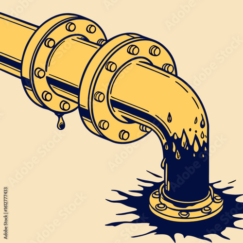 Illustration of oil pipeline leak causing environmental damage and industrial accident disaster hazard risk