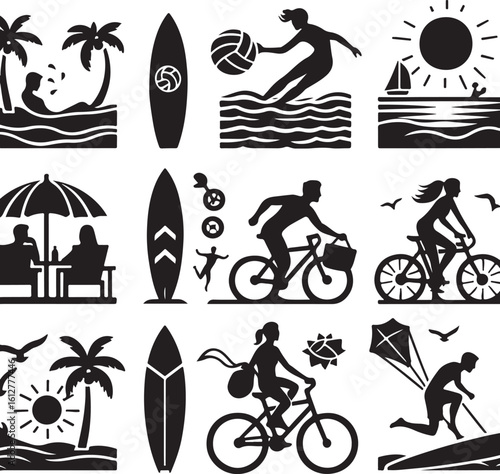 Summer Activities Icon Set: A diverse collection of summer icons. Depicting moments of leisure, recreation, and adventure. A visually rich compilation, perfect for illustrating themes of vacation.