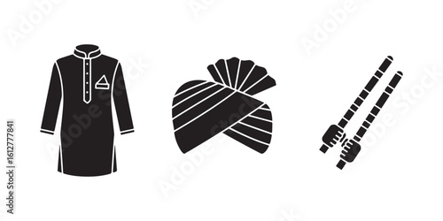 Black and White Festival Icons Kurta Turban and Sticks on White Background