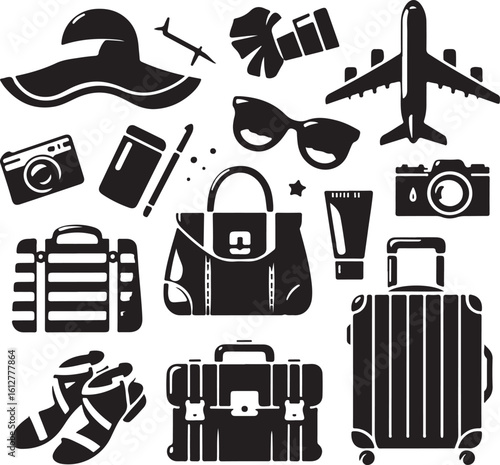 Travel Essentials Silhouette: A collection of essential travel items, from a stylish handbag to a classic airplane, offering a comprehensive travel and vacation theme.