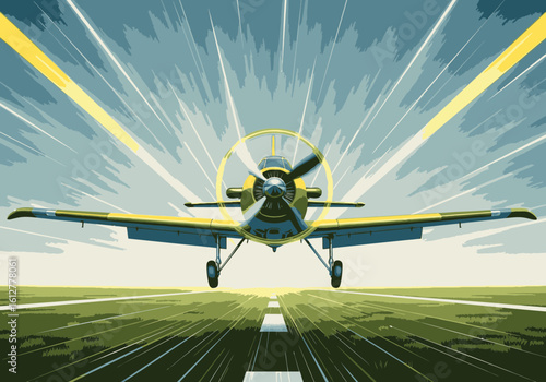 A yellow and blue propeller airplane accelerating down a runway with a stylized, energetic background suggesting speed and motion.