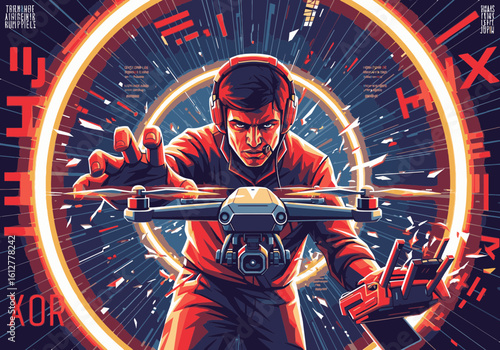 An intense operator with headphones manipulates a levitating drone inside a glowing digital ring.