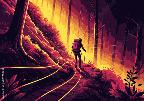 A lone hiker with a backpack and trekking poles walks along a glowing forest path, illuminated by warm, radiant light filtering through the trees.