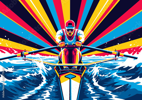A powerful rower propels a scull through the water against a vibrant, colorful sunburst background.