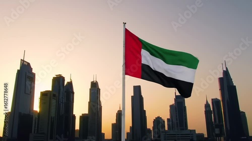 United Arab Emirates Flag Over Dubai Skyline at Sunset