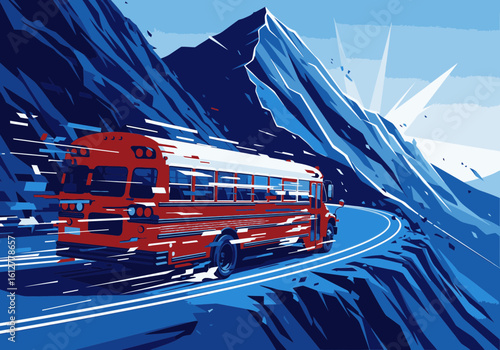 Stylized illustration of a red school bus speeding around a sharp curve on a mountain road.