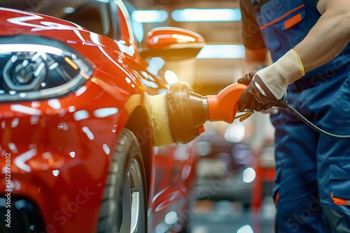 Expert Automobile Technicians S hining the Hood of a Luxury Car in a Mechanic's Shop via a Rotary Polisher, Generative AI.