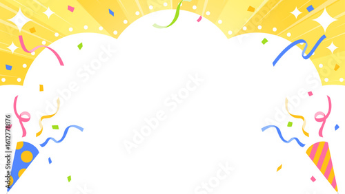 雲型の背景フレーム、クラッカー、テープ、紙吹雪のデコレーション
