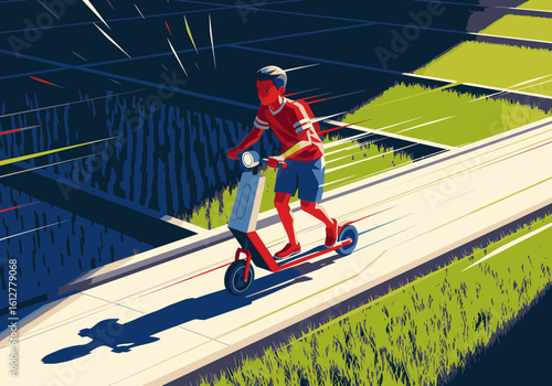 Dynamic illustration of a young boy speeding on an electric scooter through rural fields.