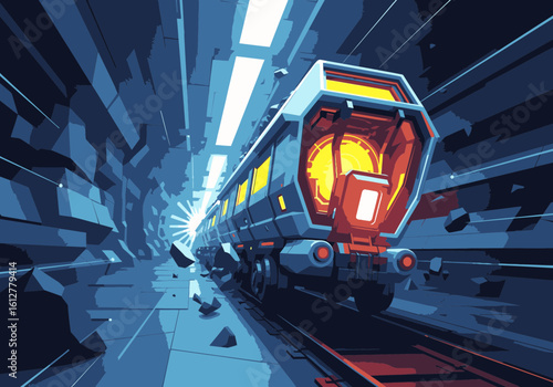 A futuristic high-speed train races through a dark, crumbling subterranean tunnel, its engine glowing brightly.