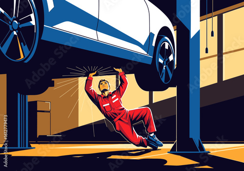 A mechanic in a red jumpsuit works underneath a car raised on a hydraulic lift in a garage.