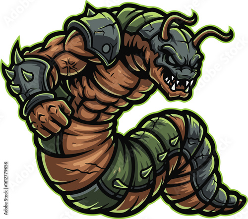 Aggressive caterpillar worm monster in armor. Vector illustration of a fantasy warrior mascot for a gaming team.