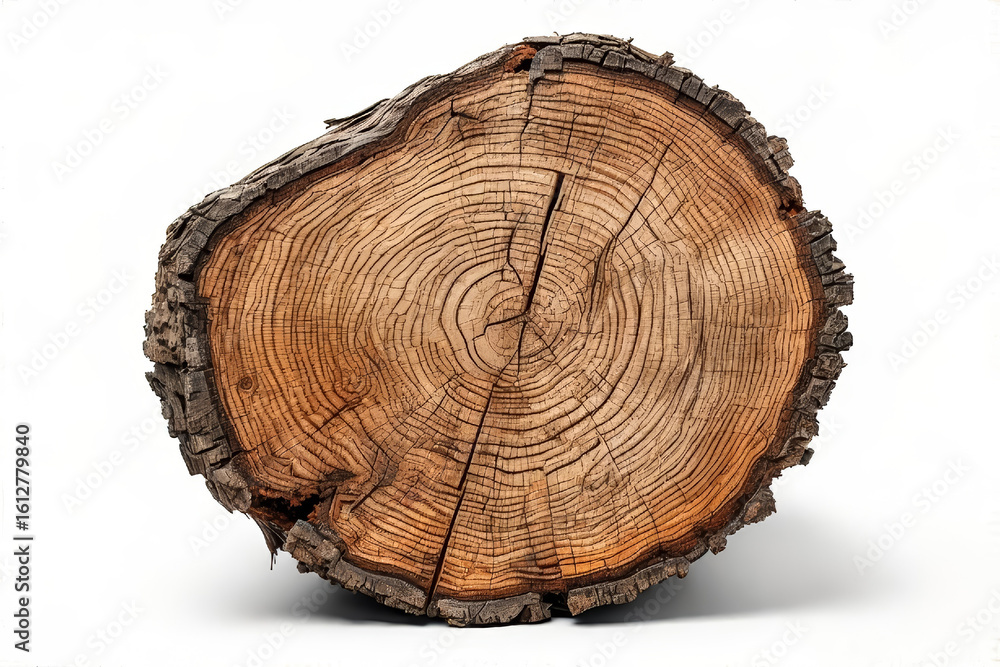 Obraz premium Tree trunk cross-section reveals growth rings etched in aged wood, showcasing nature’s timeline. AI generated. 