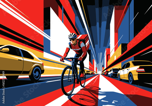 A food delivery cyclist races down a striped lane in a dynamic, stylized urban cityscape.