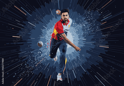 A focused male cricketer bowling a ball, surrounded by explosive, radiating light streaks.