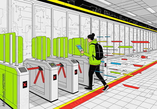 A person with a tablet walks through futuristic turnstiles in a high-tech subway station with digital glitches.