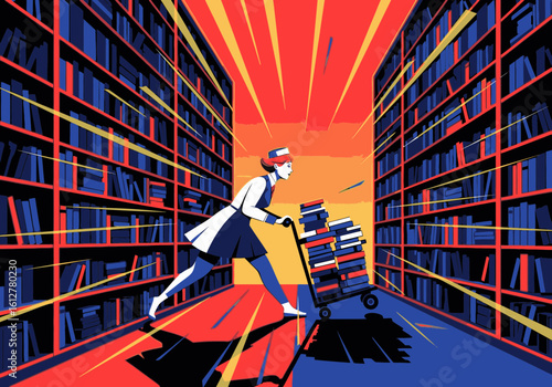 A librarian energetically pushes a cart of books down a dynamic, colorful library aisle with stylized speed lines.