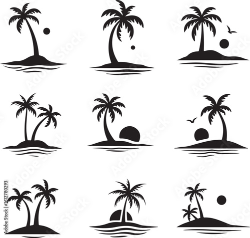 Tropical island vector icon set with palm trees, beach and sunset illustration