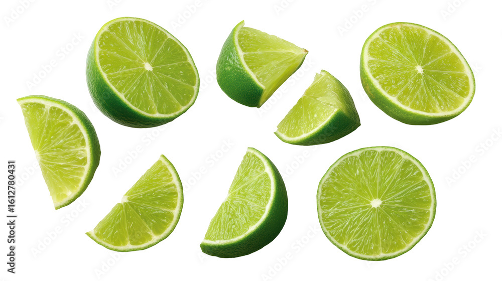 Isolated lime slices on transparent background showing fresh green citrus fruit pieces Isolated lime slices on transparent background showing fresh green citrus fruit pieces
