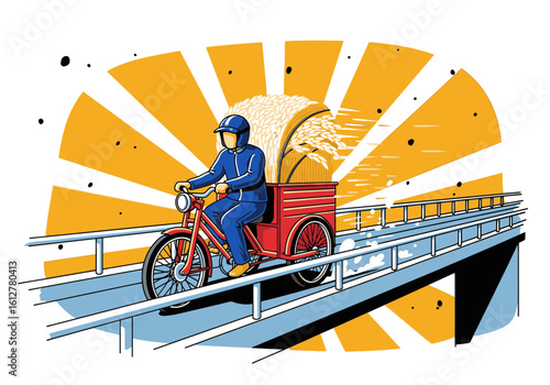A delivery person on a bicycle-cart, speeding across a bridge under a vibrant sunburst.