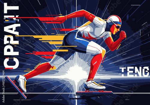 Speed skater in dynamic action, vibrant colors, abstract background.