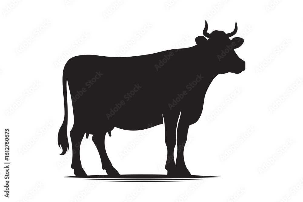 Fototapeta premium Solid Black Cow Silhouette in Profile on White Background