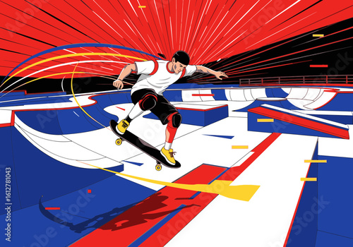 Dynamic illustration of a male skateboarder catching air while performing a trick in a vibrant, graphic-style skatepark.