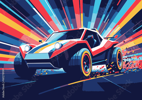 A vibrant illustration of a dune buggy racing at high speed with a dynamic, colorful background of light streaks.