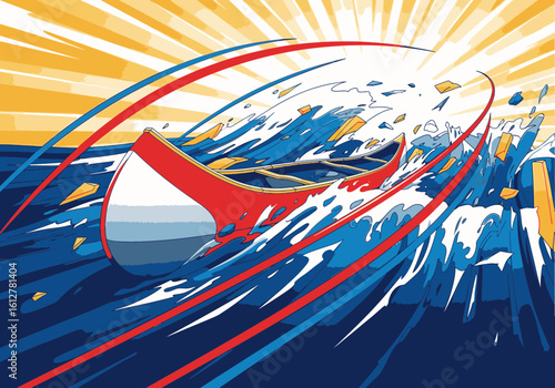 An energetic illustration of a red canoe racing through splashing blue waves under a bright sun.