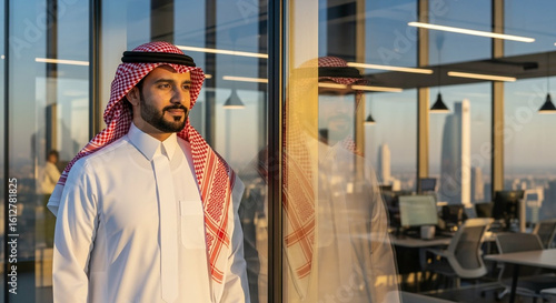 A thoughtful businessman in traditional Middle Eastern attire looks out from a modern building overlooking a cityscape at sunset.