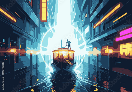 A figure pilots a vessel through a futuristic neon city canal towards a glowing energy portal.