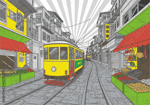 A vibrant yellow tram travels down a bustling market street in a stylized, selectively colored city illustration.
