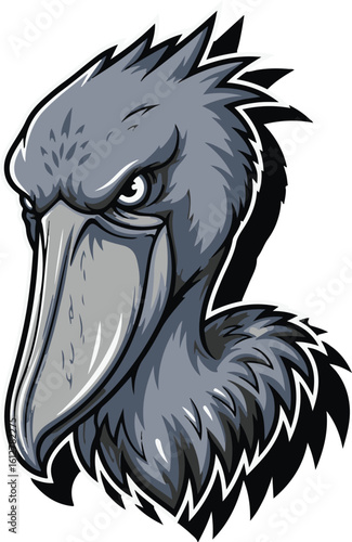 Fierce shoebill stork head vector mascot logo. An aggressive avian character illustration for a sports team or emblem design.