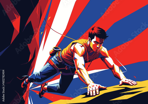 A dynamic graphic illustration of a determined male climber scaling a steep rock face against an abstract background.
