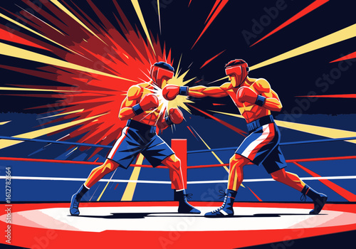A stylized illustration of two boxers mid-fight, one landing a powerful punch with an explosive flash.